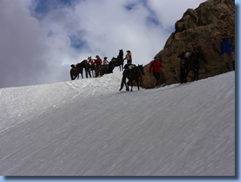 Group of riders riding through a snow field on the volcano trail ride in NP Villarrica, Chile